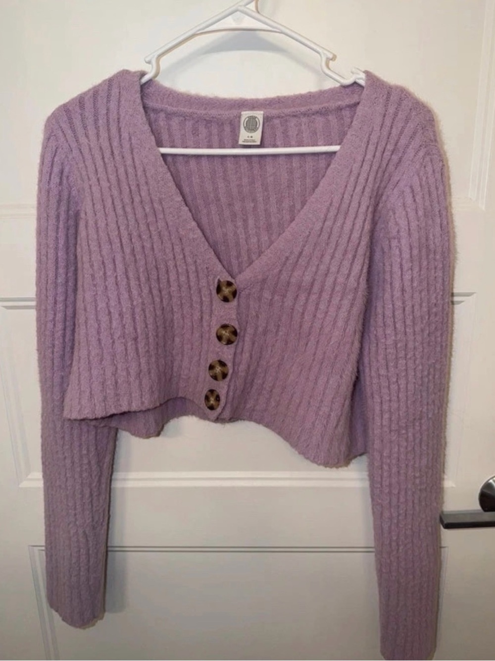 Urban Outfitters Lilac Ribbed V-Neck Button Crop Sweater
